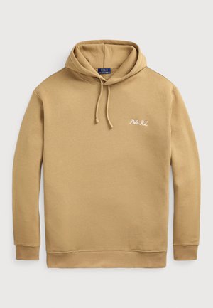 Béžová mikina s kapucí vyrobená z bavlněné směsi. Má klokaní kapsu, žebrované manžety a vyšitý logo "Polo R.L." na levé straně hrudi.