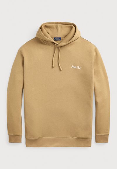 Béžová mikina s kapucňou vyrobená z bavlnenej zmesi. Obsahuje klokanie vrecko, rebrované manžety a vyšívané logo "Polo R.L." na ľavej hrudi.