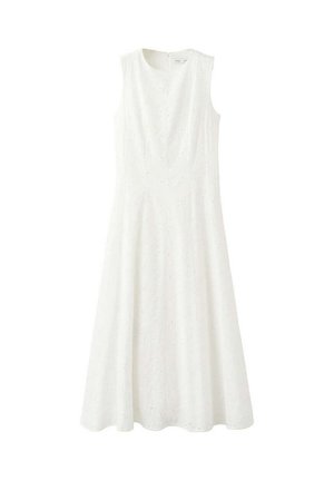 Robe midi blanche sans manches avec un bustier ajusté, un col rond et un motif subtil en broderie anglaise sur toute la matière.