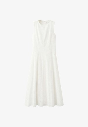 Robe midi blanche sans manches avec un bustier ajusté, un col rond et un motif subtil en broderie anglaise sur toute la matière.
