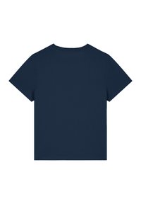 Navyblauwe T-shirt met korte mouwen en een ronde hals, gemaakt van zachte stof, met een gladde textuur en een effen achterkant zonder patronen of accenten.