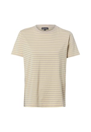 Beżowo-bladożółta koszulka z krótkim rękawem i poziomymi paskami, z okrągłym dekoltem i metką przy kołnierzu z napisem "Franco Callegari".
