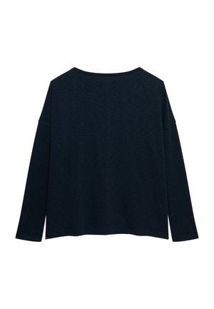 T-shirt à manches longues, col rond et coupe décontractée couleur bleu marine foncé avec épaules tombantes, montré de dos sur un fond blanc.