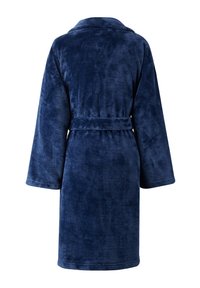 Peignoir en polaire bleu marine avec manches longues, col châle et ceinture à la taille. Texture douce avec une surface lisse et moelleuse. Pas de motifs visibles.