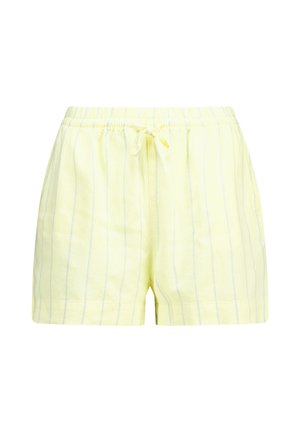 Gelbe gestreifte Shorts mit elastischem Bund und Kordelzug. Hergestellt aus leichtem Stoff, mit vertikalen hellblauen Streifen.