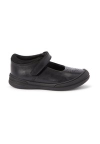 Schwarze Leder-Mary-Jane-Schuhe mit runder Zehenpartie, durchbrochenem Lederdetail und Klettverschluss. Mit flexibler Gummisohle.