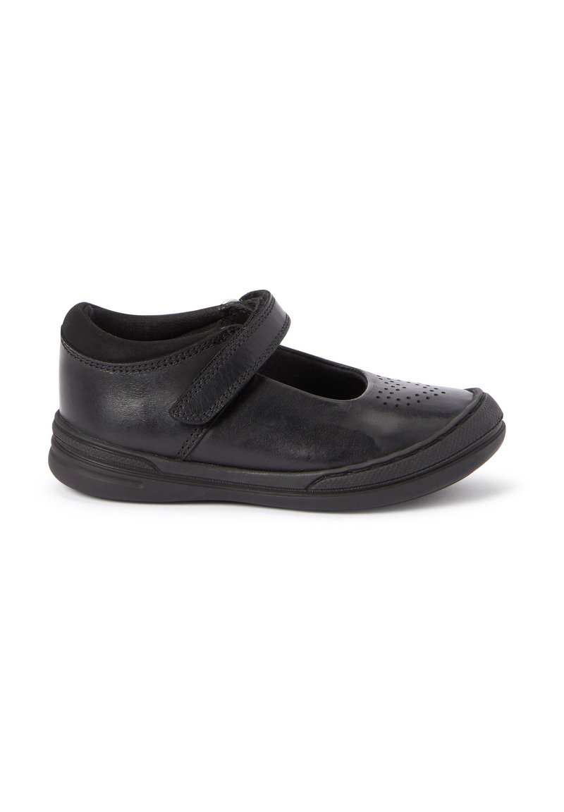 Schwarze Leder-Mary-Jane-Schuhe mit runder Zehenpartie, durchbrochenem Lederdetail und Klettverschluss. Mit flexibler Gummisohle.