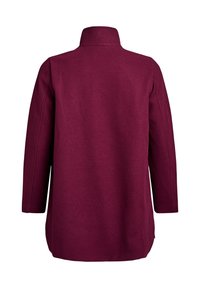 Burgundská vlna smíšená bunda s vysokým límcem, dlouhými rukávy a rovný střih. Obsahuje minimální švy a žádné viditelné zapínání.