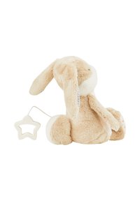 Plush bunny toy in soft beige fabric with long ears, round body, and small pink accents on feet. Attached is a star-shaped teething ring.