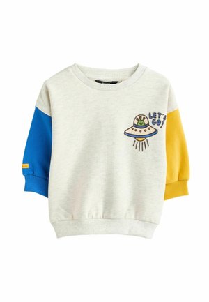 Sweat-shirt pour enfants avec corps blanc, manche gauche bleue, manche droite jaune, et un OVNI avec le texte "Let's Go" sur la poitrine.