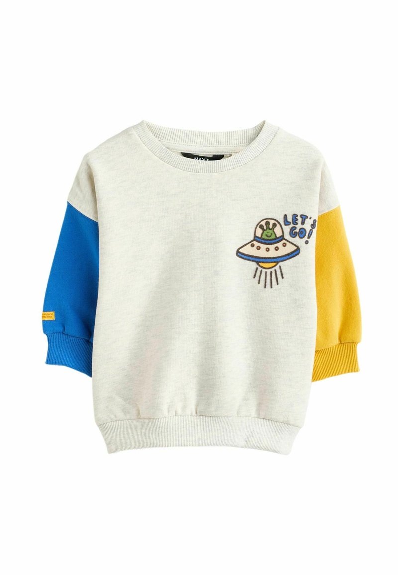Sweat-shirt pour enfants avec corps blanc, manche gauche bleue, manche droite jaune, et un OVNI avec le texte "Let's Go" sur la poitrine.