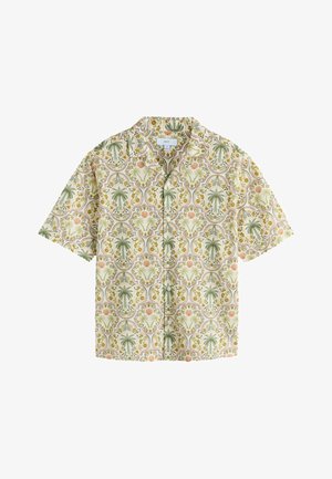 Lühikeste varrukatega särgipluus beeži põhjaga ja rohelise palmipuude ning lillemustriga, mis kordub raamitud rombikujulistes mustrites.