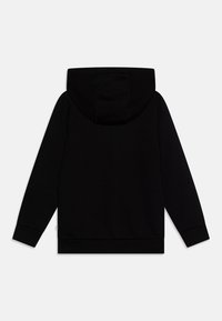 Black hooded sweatshirt with long sleeves, ribbed cuffs, and hem. Made of soft fabric, featuring a simple design with a central back seam.