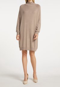 Beige neulemekko, jossa on korkea kaulus, pitkät hihat, ribbatut hihansuut ja helma. Kangas on pehmeä ja siinä on hieman kiiltoa. Silkkinen rakenne.