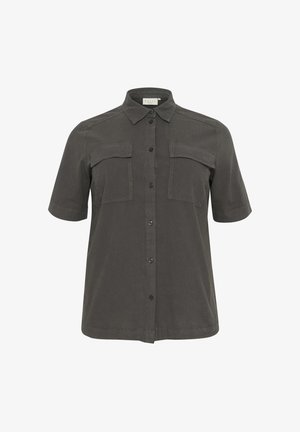 Damen kurzärmliges dunkelgraues Hemd mit Knöpfen, zwei vorderen Klappentaschen und klassischem Kragen.