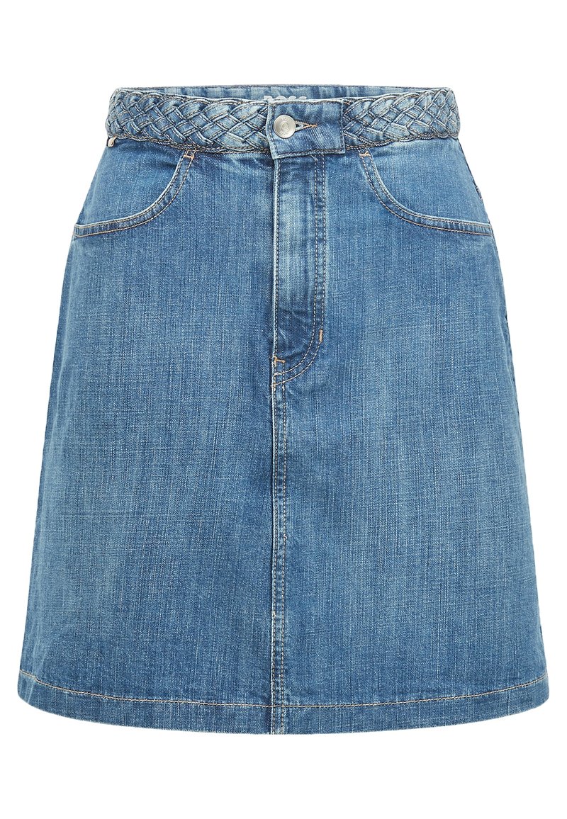 Jupe en denim avec une silhouette droite, de couleur bleue, détail de ceinture tressée, fermeture à boutons à l'avant et deux poches latérales.