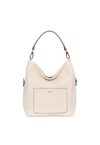 Weiße Ledertasche mit lässigem Design, Obergriff, einer externen Tasche und einem dezenten Logo in der Mitte. Akzente aus goldfarbenem Metall.