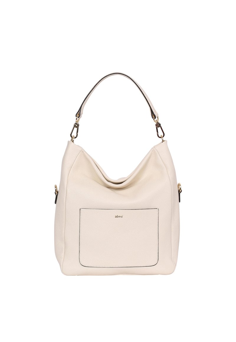 Weiße Ledertasche mit lässigem Design, Obergriff, einer externen Tasche und einem dezenten Logo in der Mitte. Akzente aus goldfarbenem Metall.