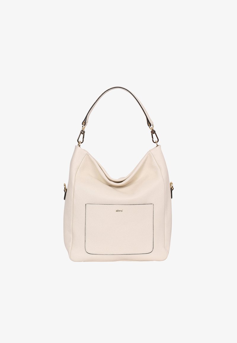 Weiße Ledertasche mit lässigem Design, Obergriff, einer externen Tasche und einem dezenten Logo in der Mitte. Akzente aus goldfarbenem Metall.