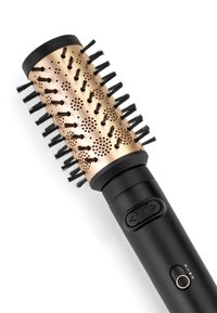Spazzola rotonda con manico nero e cilindro oro. Presenta setole, fori per l'aria e tasti di controllo. Superficie testurizzata per una buona presa.