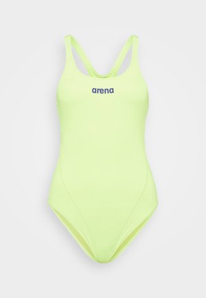 Neon yellow one-piece swimsuit featuring a scoop neckline, dual straps, and "arena" logo in blue across the bust. Smooth, stretchy material.