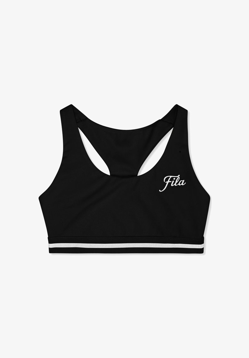 Brassière de sport Fila noire avec un dos nageur et des rayures blanches le long de la bande inférieure.