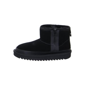 Black ankle boot with side zipper, thick ridged sole, and visible soft fur lining around the top edge.