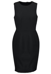 Robe fourreau noire sans manches, longueur au genou, avec encolure ronde et coutures princesse discrètes pour une silhouette ajustée.