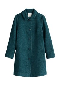 Cappotto herringbone in lana color acquamarina con maniche lunghe, colletto arrotondato e cinque bottoni scuri sul davanti.