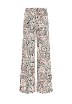 Pantalones de pierna ancha con fondo crema con patrones abstractos de hojas tropicales en negro y rosa y cintura elástica.