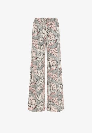 Pantalon à jambes larges avec un fond crème présentant des motifs abstraits de feuilles tropicales noires et roses et une taille élastique.