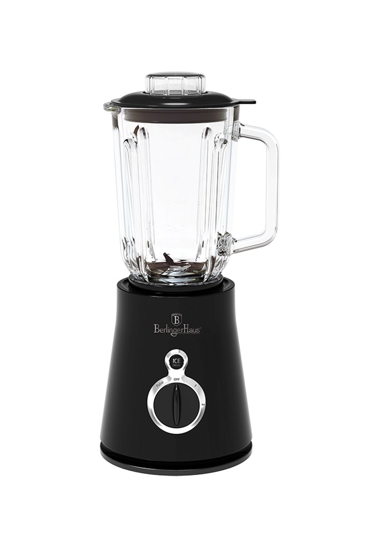 Frullatore elettrico nero con caraffa in vetro trasparente, manico, coperchio nero e manopola di controllo con impostazioni per il ghiaccio e la velocità di miscelazione.