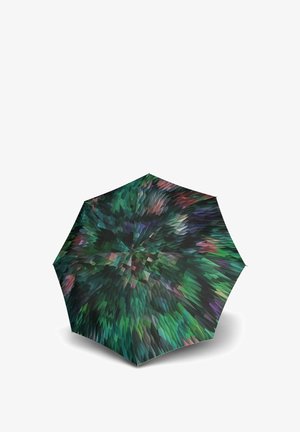 Un ombrello con un motivo geometrico multicolore che presenta tonalità di verde, viola e rosso. Forma ottagonale con una copertura in tessuto.