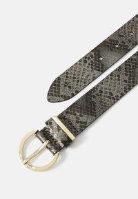 Dark gray snakeskin-patterned belt with a gold rounded buckle and multiple adjustment holes on a white background.
