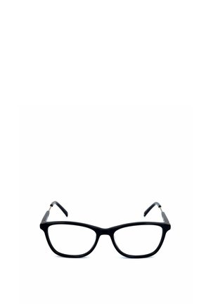 Montatura rettangolare per occhiali nera con aste sottili, mostrata al centro su uno sfondo bianco.