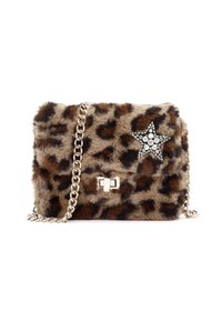 Handtas met luipaardprint, gemaakt van pluche bont, met een decoratieve ster versierd met rhinestones en een gouden kettingband.