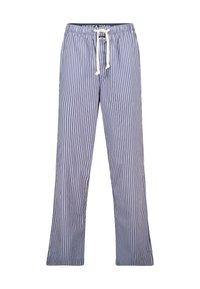 Gestreepte loungebroeken in blauw en wit, gemaakt van lichtgewicht stof. Heeft een elastische tailleband met een trekkoord en uitlopende pijpen.