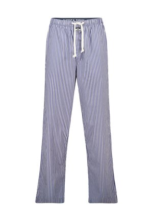 Gestreepte loungebroeken in blauw en wit, gemaakt van lichtgewicht stof. Heeft een elastische tailleband met een trekkoord en uitlopende pijpen.