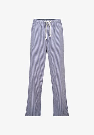 Striped lounge pants in blue and white, made of lightweight fabric. Features an elastic waistband with a drawstring and flared legs.