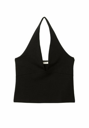 Černý halter top s hlubokým výstřihem do V. Vyrobený z hladké tkaniny, má přiléhavý siluetu a čistý lem. Žádné kovové prvky ani doplňky.
