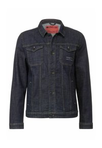 Tmavě modrá džínová bunda s klasickým designem, která má dvě náprsní kapsy, zapínání na knoflíky a kontrastní žluté švy. Viditelná červená vnitřní nálepka.