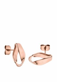 Roségoldene Creolen mit einem verdrehten, offenen Design. Glatte Oberfläche, reflektierende Textur. Stecker für sicheren Halt.