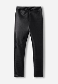 Leggings in ecopelle nera con una texture liscia, vita alta e senza hardware o motivi visibili. Cuciture piatte e taglio alla caviglia.