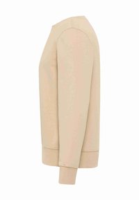 Beige long-sleeve crewneck sweatshirt shown from the side with ribbed cuffs and hem on a white background.