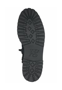 Zwarte rubberen schoenen onderkant met diepe profielen voor grip, met een centraal logo "pg" en kruispatronen voor tractie.