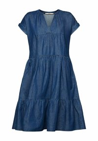 Denim A-line dress featuring short sleeves, a V-neck, gathered bodice, and tiered skirt. The fabric has a textured, soft finish.