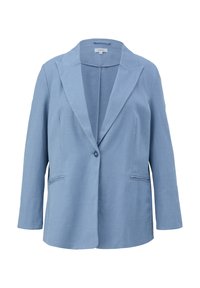 Blazer bleu clair avec des revers crantés, fermeture à un bouton et deux poches à l'avant. Fabriqué dans un tissu lisse et texturé.