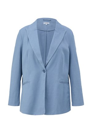 Lichtblauwe blazer met aangeknipte revers, sluiting met één knoop en twee voorkruiszakken. Gemaakt van een gladde, gestructureerde stof.