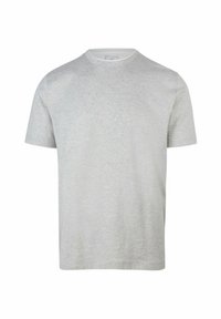 T-shirt in cotone grigio chiaro, colletto rotondo, maniche corte, texture liscia, design minimalista senza motivi o accenti visibili.