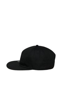 Black cap with a structured shape, flat brim, and six-panel design. Made of sturdy fabric, featuring ventilation eyelets and a logo.